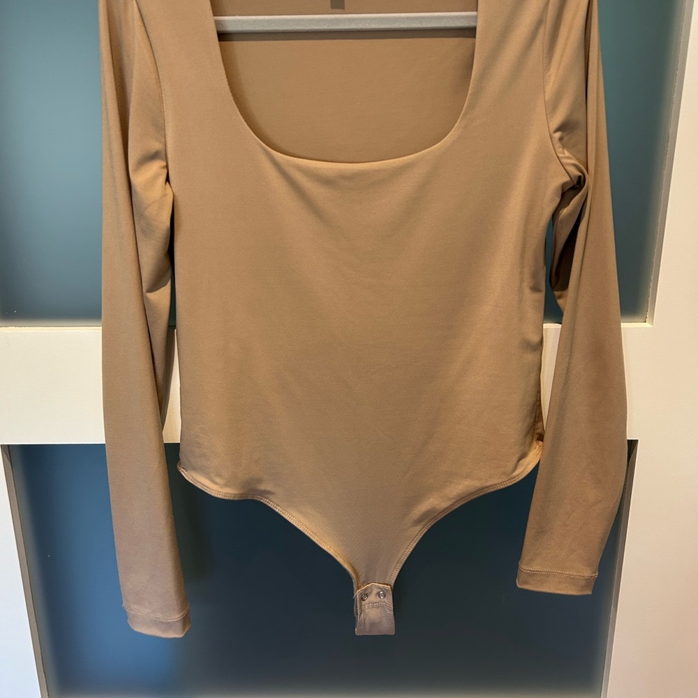 Dynamite Tan Fitted Bodysuit with Long Sleeves